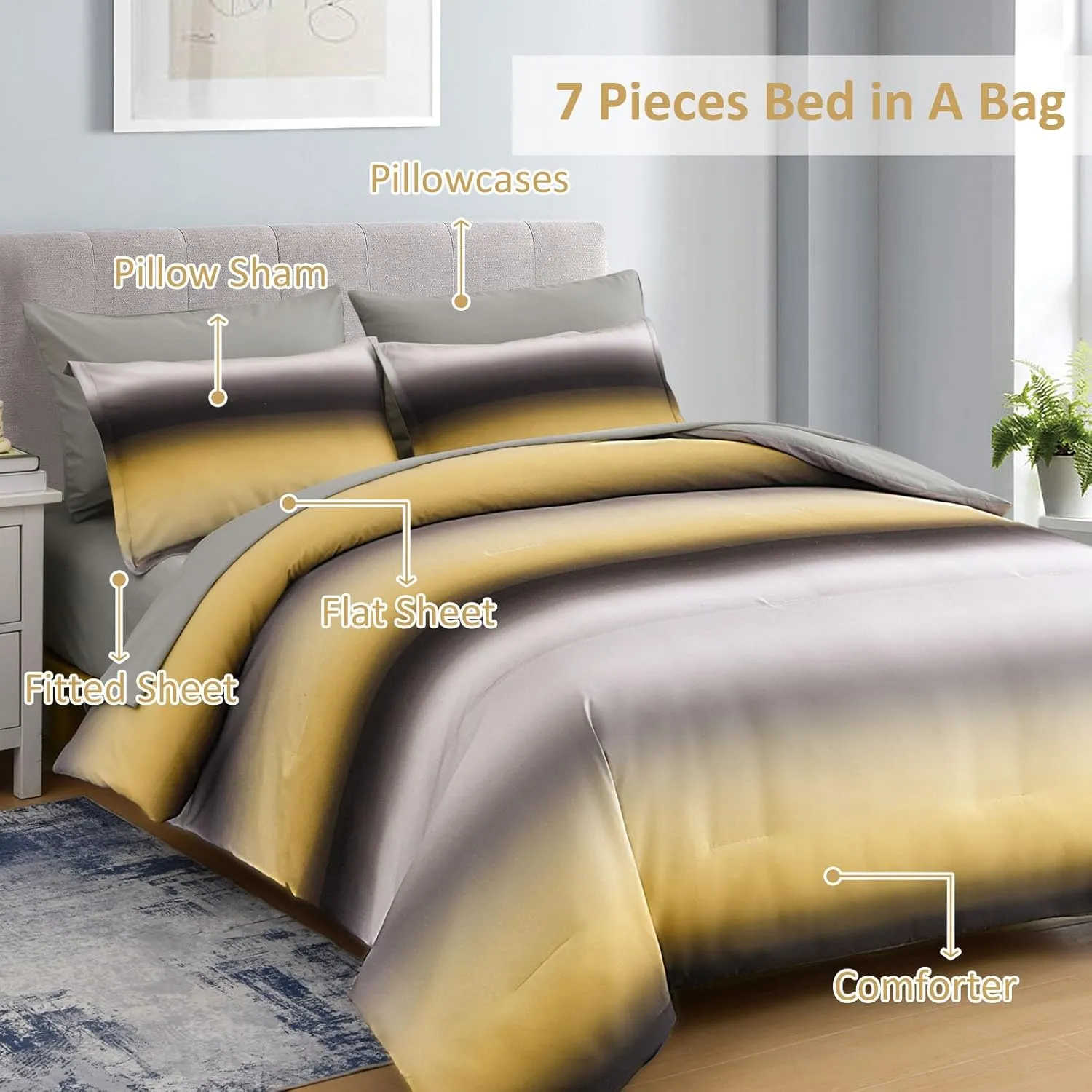 Dinjoy Boho Striped Ombre Yellow Comforter Set King Size Gradient Yellow Grey Bedding Set for Teen Men Women 7 Pieces Bed in A Bag Bed Set with Comforter, Sheets, Pillowcases & Shams