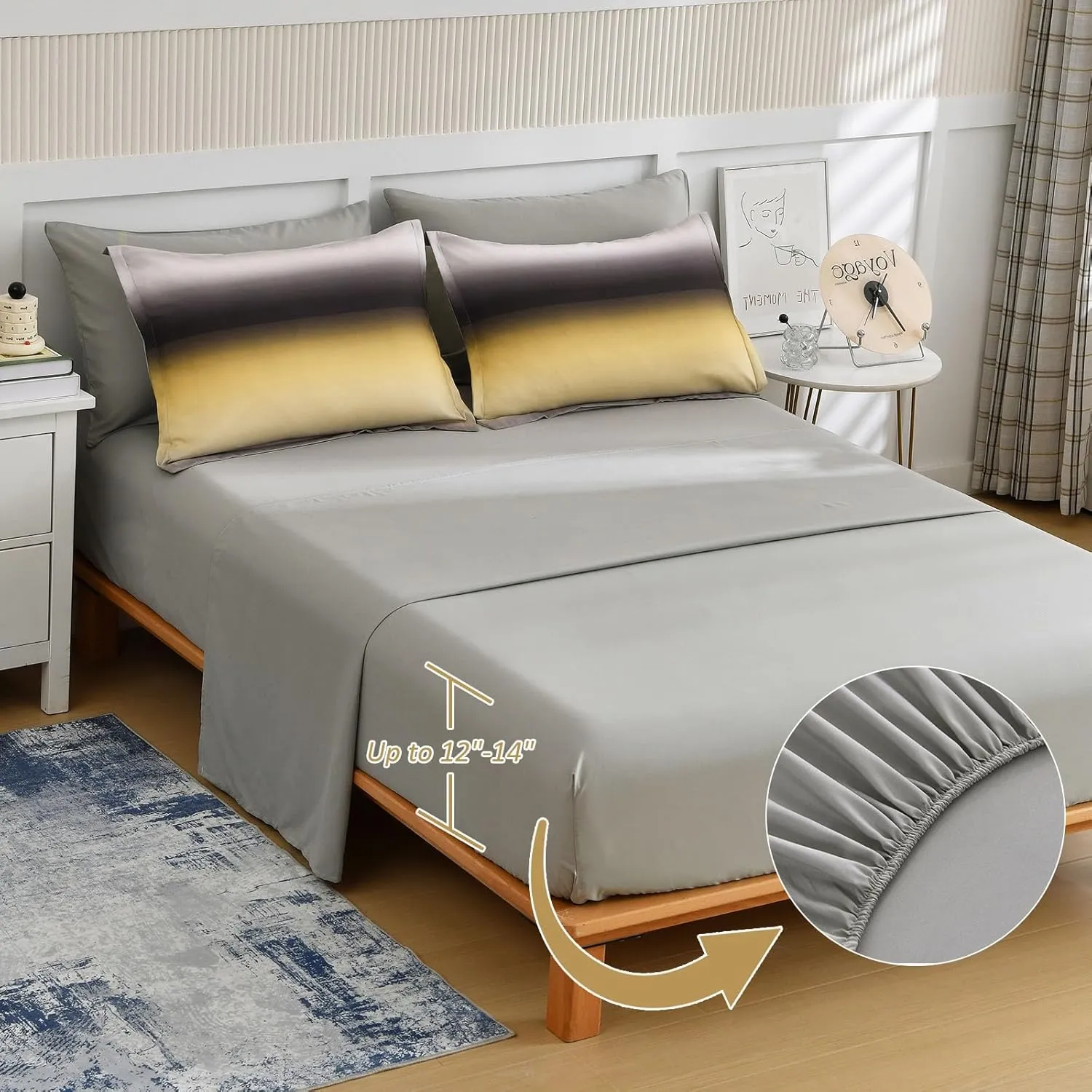 Dinjoy Boho Striped Ombre Yellow Comforter Set King Size Gradient Yellow Grey Bedding Set for Teen Men Women 7 Pieces Bed in A Bag Bed Set with Comforter, Sheets, Pillowcases & Shams