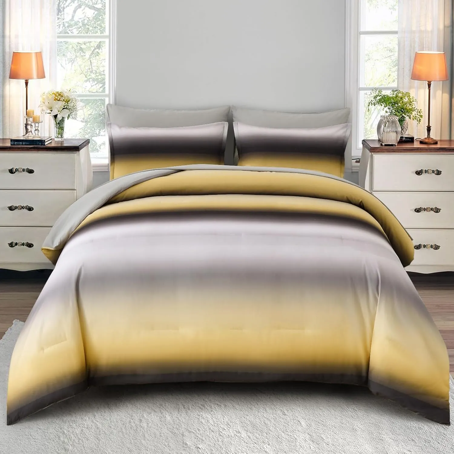 Dinjoy Boho Striped Ombre Yellow Comforter Set King Size Gradient Yellow Grey Bedding Set for Teen Men Women 7 Pieces Bed in A Bag Bed Set with Comforter, Sheets, Pillowcases & Shams