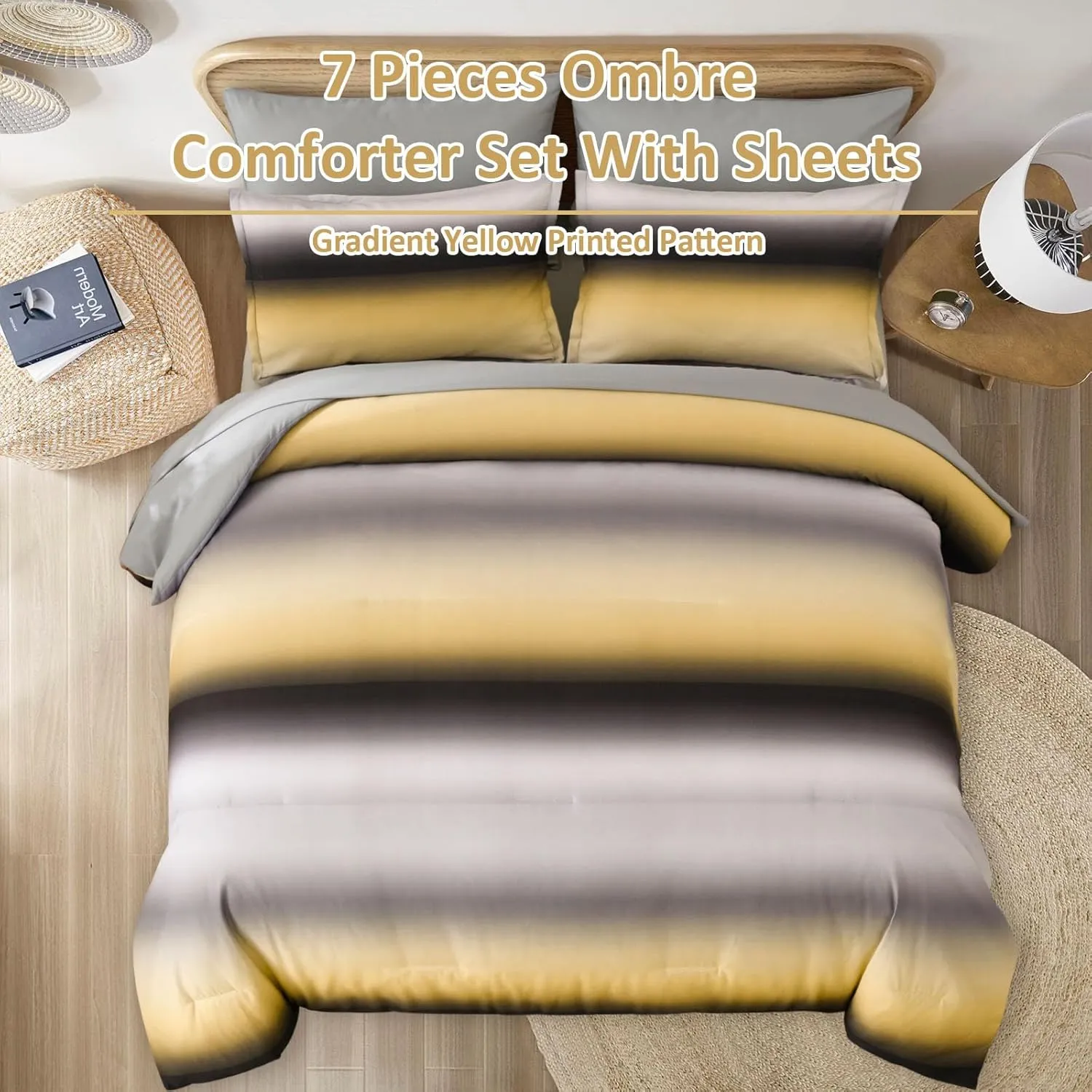Dinjoy Boho Striped Ombre Yellow Comforter Set King Size Gradient Yellow Grey Bedding Set for Teen Men Women 7 Pieces Bed in A Bag Bed Set with Comforter, Sheets, Pillowcases & Shams
