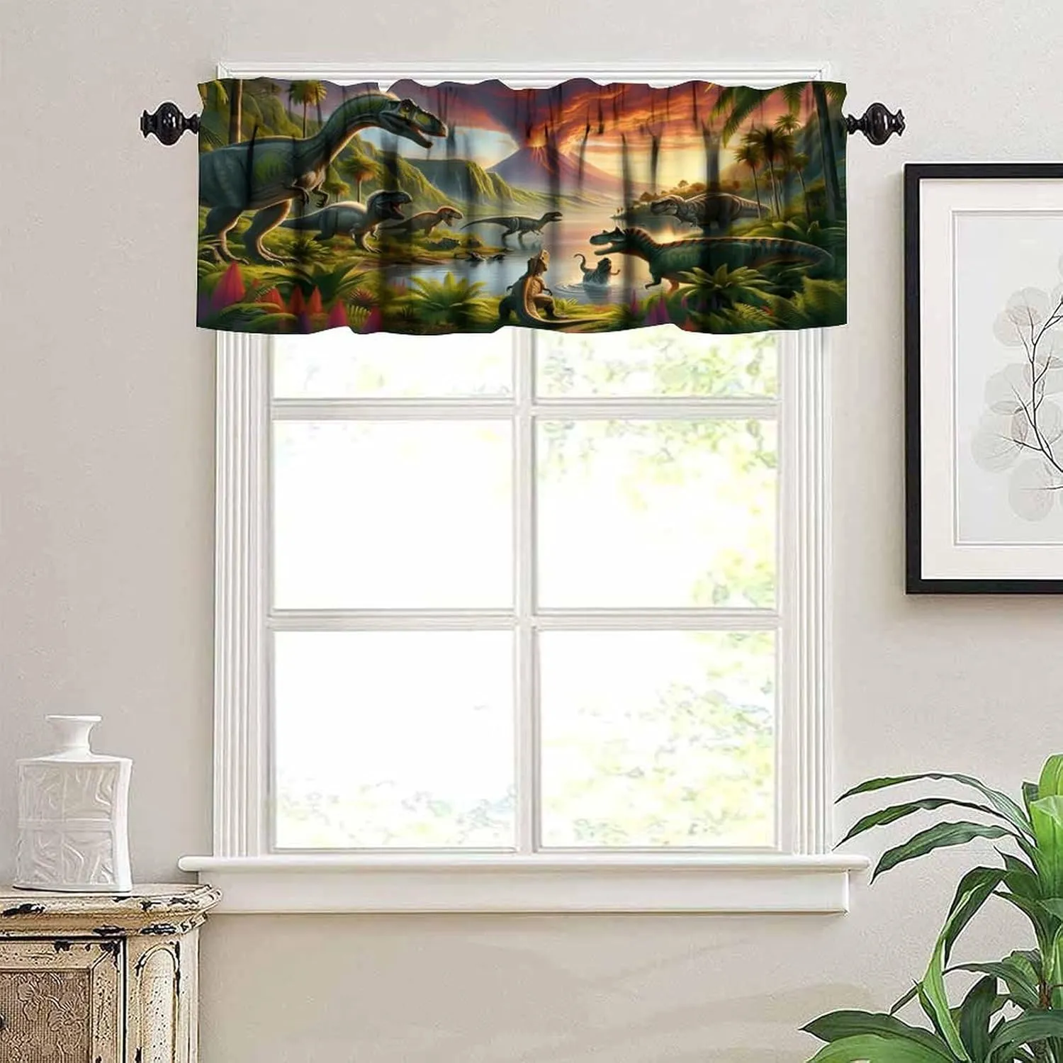 Dinosaur Valance Curtains, Wildlife Jungle Dino Curtain, Forest Volcano Cartoon Jurassic Animal Pattern Window Treatments Drapes for Nursery Boys Girl Room Bedroom Decor 54"W x 18"L (Pack of 1)