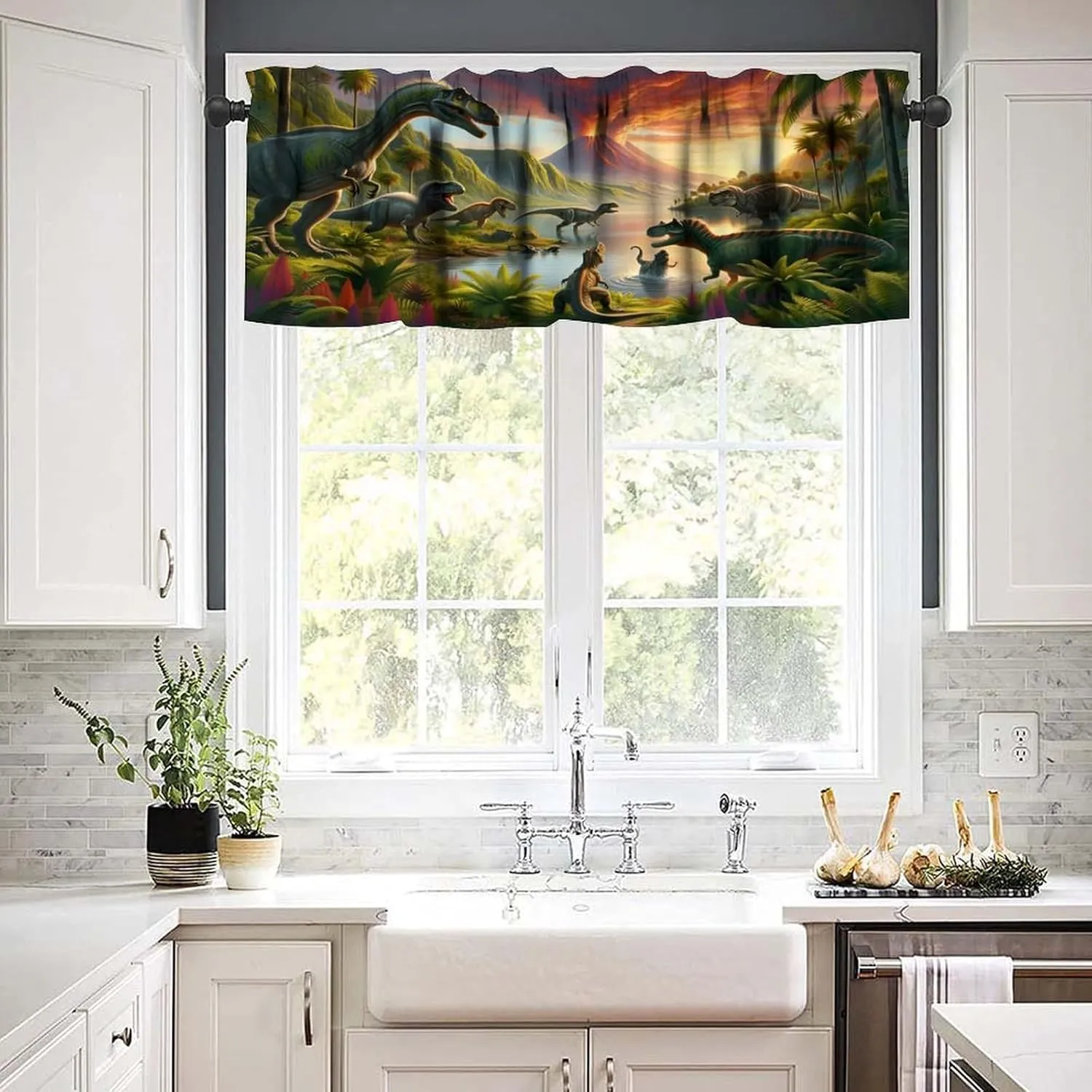 Dinosaur Valance Curtains, Wildlife Jungle Dino Curtain, Forest Volcano Cartoon Jurassic Animal Pattern Window Treatments Drapes for Nursery Boys Girl Room Bedroom Decor 54"W x 18"L (Pack of 1)