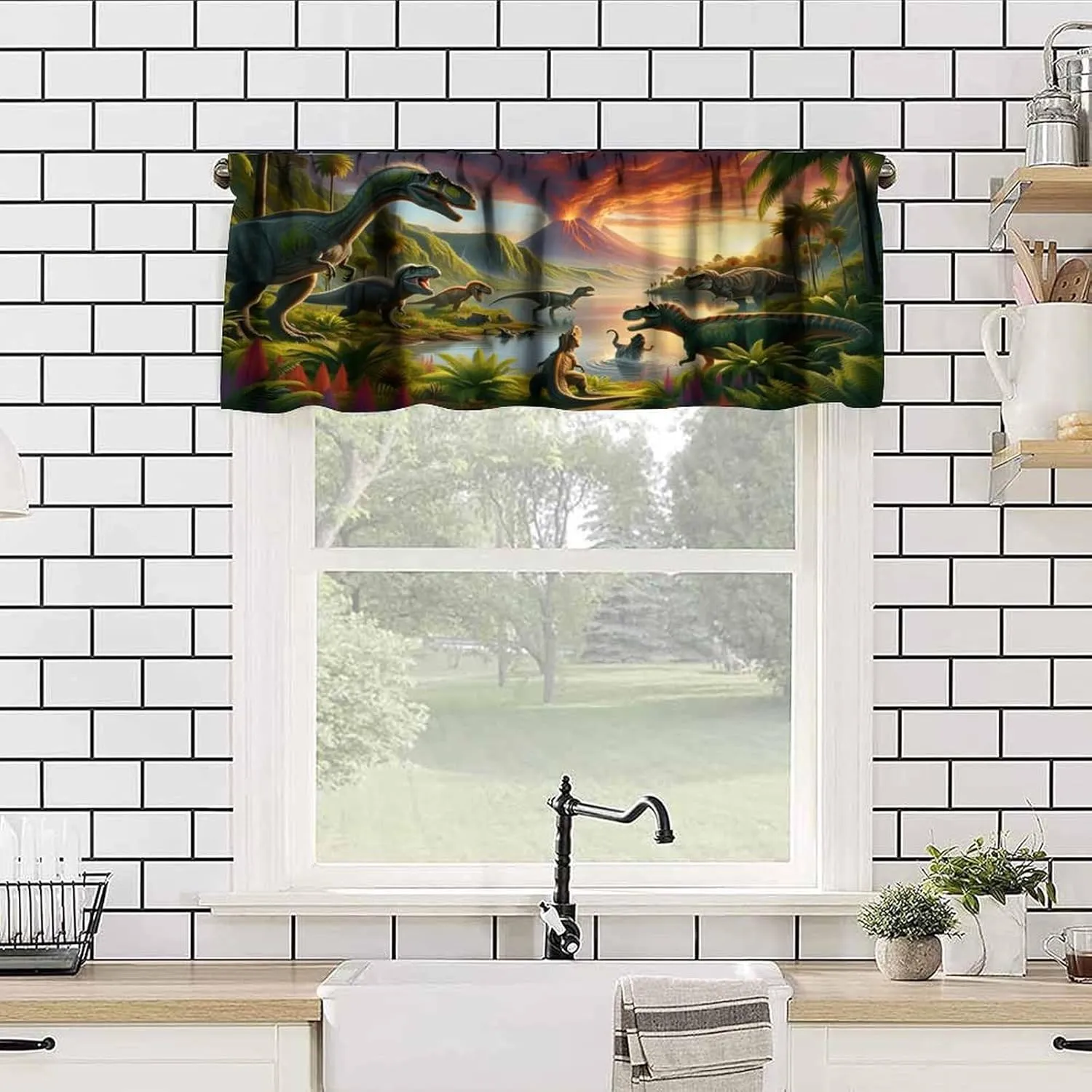 Dinosaur Valance Curtains, Wildlife Jungle Dino Curtain, Forest Volcano Cartoon Jurassic Animal Pattern Window Treatments Drapes for Nursery Boys Girl Room Bedroom Decor 54"W x 18"L (Pack of 1)