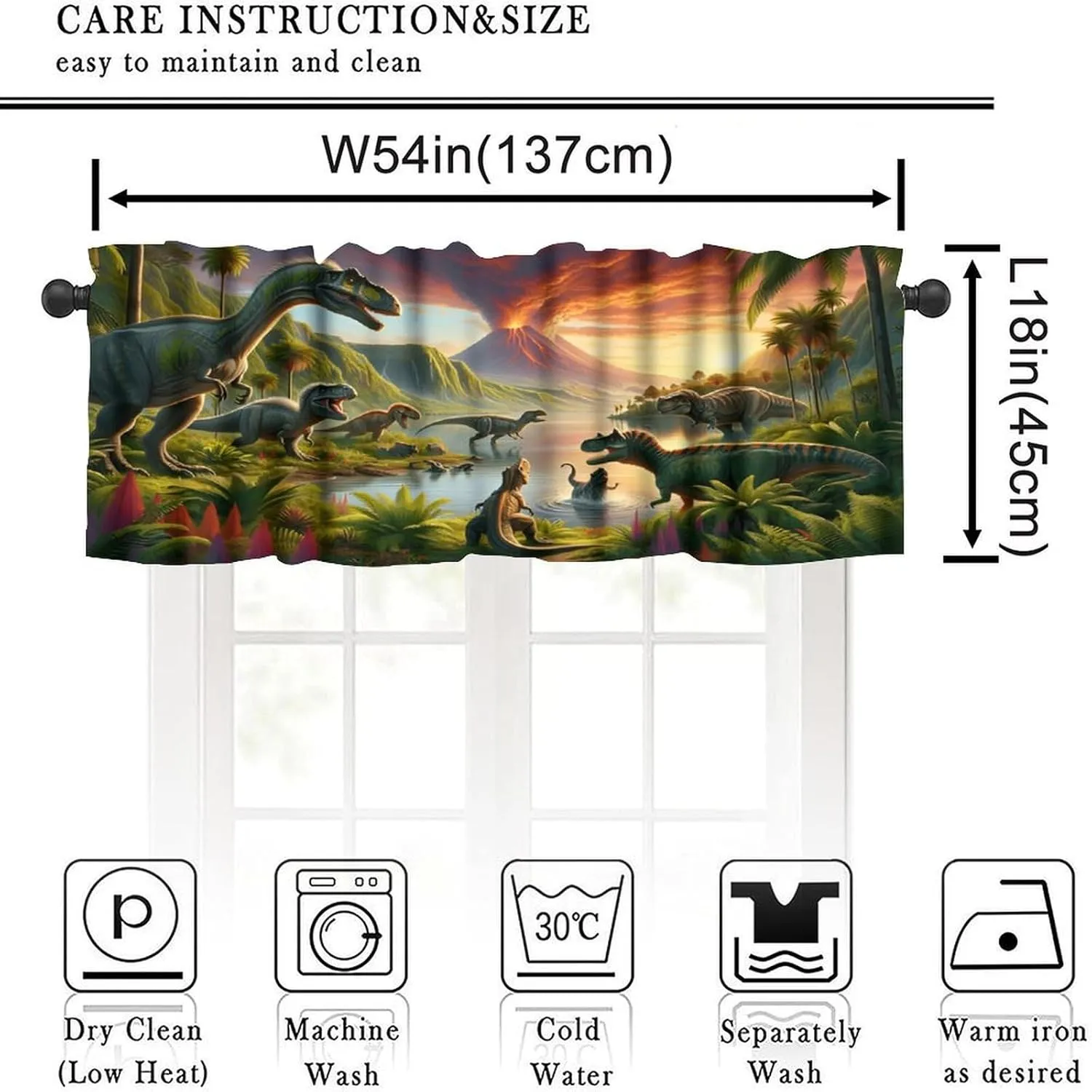 Dinosaur Valance Curtains, Wildlife Jungle Dino Curtain, Forest Volcano Cartoon Jurassic Animal Pattern Window Treatments Drapes for Nursery Boys Girl Room Bedroom Decor 54"W x 18"L (Pack of 1)