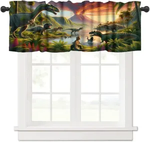 Dinosaur Valance Curtains, Wildlife Jungle Dino Curtain, Forest Volcano Cartoon Jurassic Animal Pattern Window Treatments Drapes for Nursery Boys Girl Room Bedroom Decor 54"W x 18"L (Pack of 1)