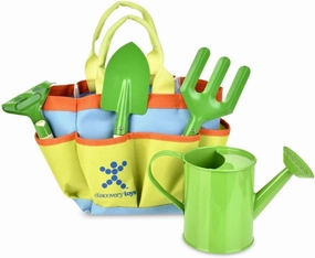 Discovery Toys Kids Garden Tool Set– 5 Piece Kid-Sized Real Metal Tools with Wood Handles - Watering Can, Tote, Spade, Fork, Rake – Summer Toy Gift 4 Years and Up
