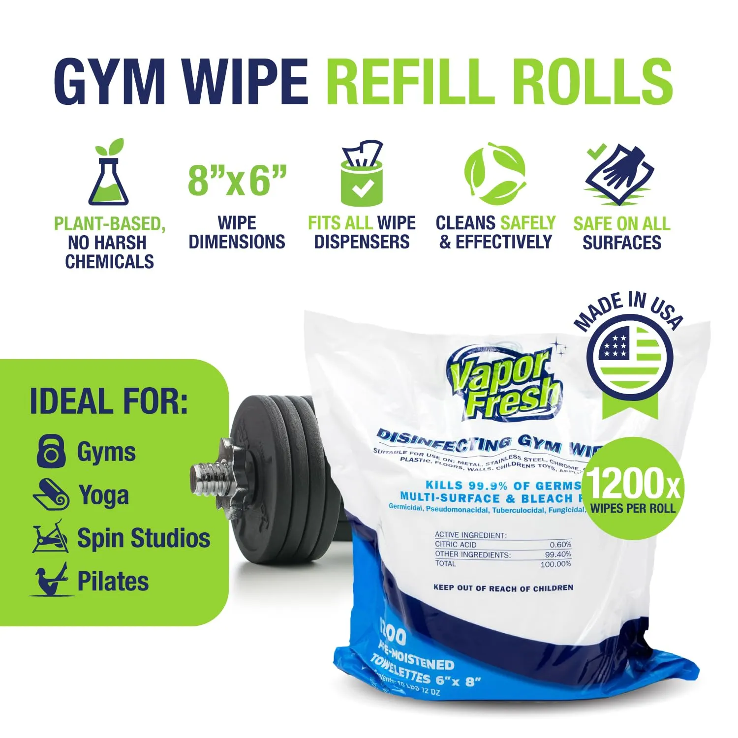 Disinfecting Gym Wipes - 4 x 1200 Count (4,800 Total Wipes) Plant Based and Free of Quats - Safe On All Fitness Equipment - 4 Refill Rolls - Fits All Dispensers