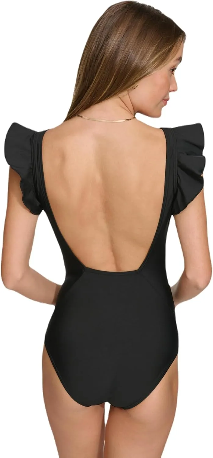 DKNY Women's Ruffle Shoulder V-Neck One Piece Swimsuit