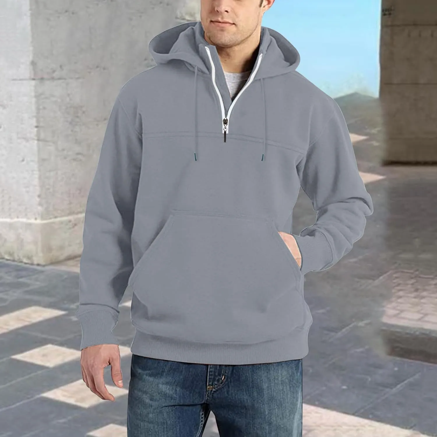 DOLKFU Men's Quarter Zip Hoodies Simple Solid Color Long Sleeve Sweatshirts Loose Fit Trendy Hooded Tops with Pocket