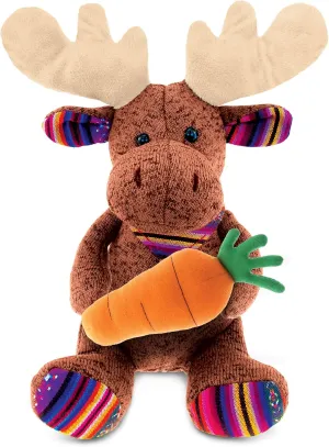 DolliBu Happy Easter Funky Plush Sitting Brown Moose with Carrot - Cute Stuffed Animals with Carrot Plush Toy, with Name Personalization, Spring Easter Plush Animal - 15 Inches