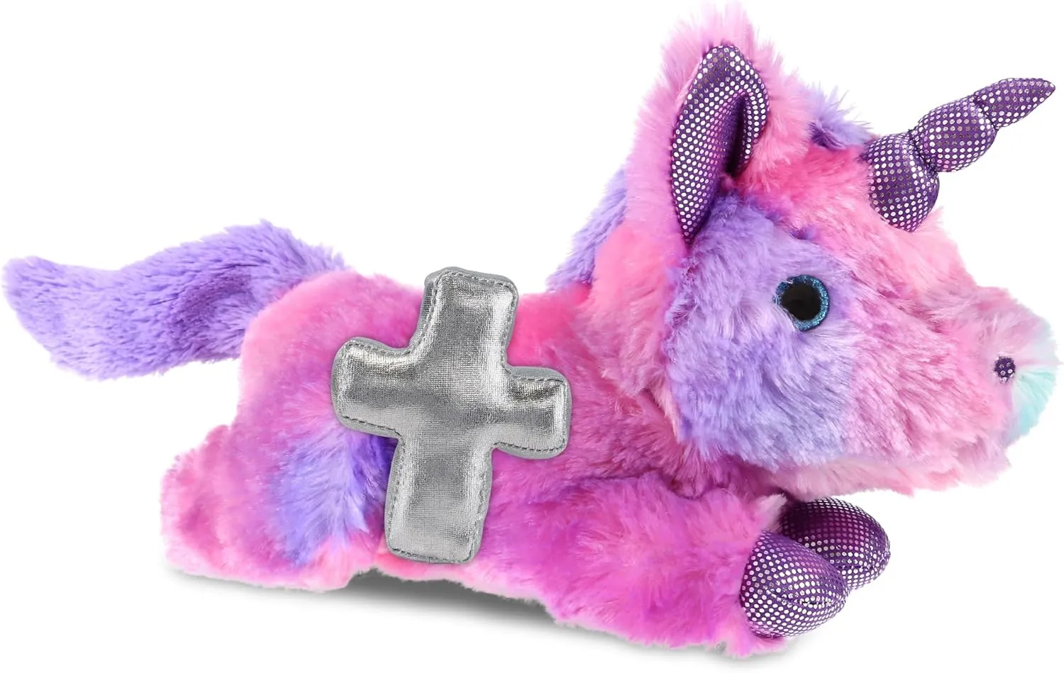 DolliBu Monday Pink Unicorn Stuffed Animal with Silver Cross Plush - Religious Baptism Gifts for Boys and Girls, Dedication Christening Gifts Plush Prayer Toy Healing Teddy Bear - 10.5 Inches