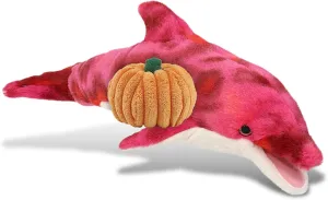 DolliBu Pink Tie-Dye Dolphin Stuffed Animal with Pumpkin Decor and Name Personalization - Pumpkin Plush Animal for Fall, Halloween and Thanksgiving, Pumpkin Toy for Baby, Kids, Adults - 18 Inches