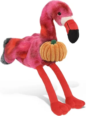 DolliBu Pink Tie-Dye Flamingo Stuffed Animal with Pumpkin Decor - Pumpkin Plush Animal for Fall, Halloween and Thanksgiving, Pumpkin Toy for Baby, Kids, Adults - 8 Inches