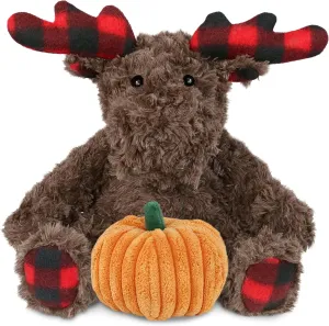 DolliBu Plaid Curly Moose Stuffed Animal with Pumpkin Decor and Name Personalization - Pumpkin Plush Animal for Fall, Halloween and Thanksgiving, Pumpkin Toy for Kids, Adults - 10 Inches
