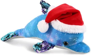 DolliBu Santa Dolphin Stuffed Animal Plush Toy - Space Sequin Plush Dolphin Animal Dress Up with Red Santa Claus Hat, Cute Ocean Life Gift, Perfect with Name Personalization - 12 Inches