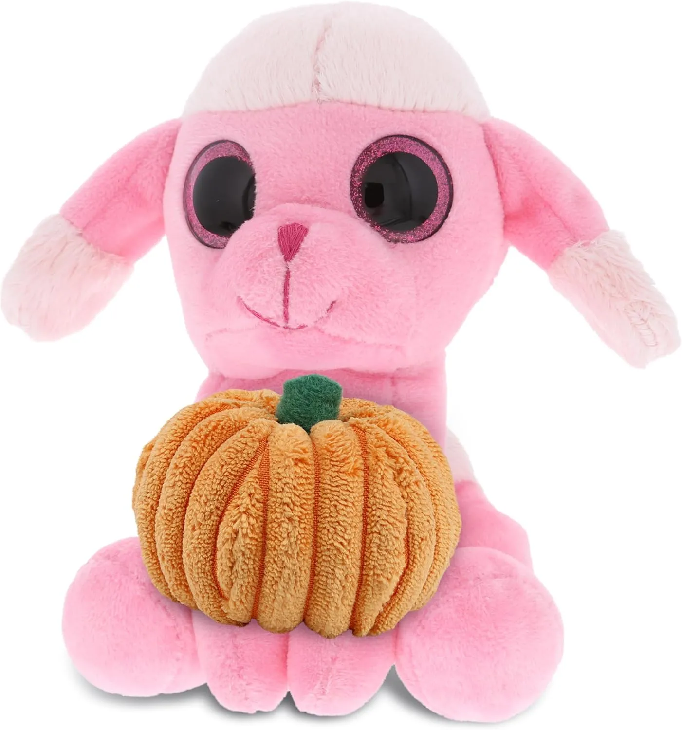 DolliBu Sparkle Eyes Pink Poodle Dog Stuffed Animal with Pumpkin Plush Decor - Poodle Dog Pumpkin Plush Animal for Fall, Halloween and Thanksgiving, Pumpkin Plush Toy for Kids, Adults - 6 Inches