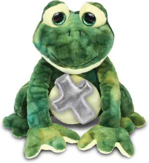 DolliBu Squat Frog Stuffed Animal with Silver Cross Plush - Religious Baptism Gifts for Boys and Girls Dedication Christening Gifts Plush Prayer Toy Healing Stuffed Animal- 7.5 Inches