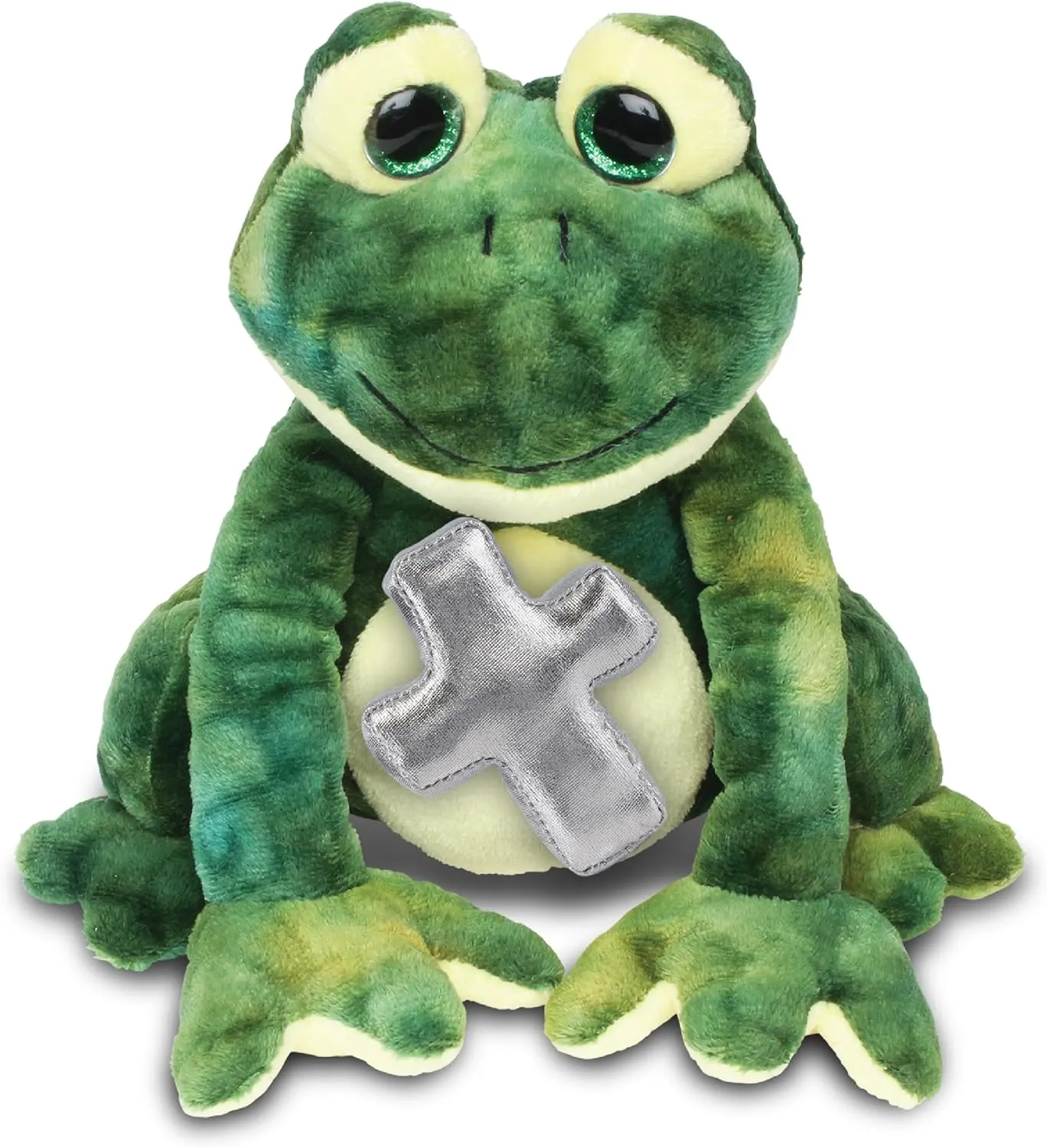 DolliBu Squat Frog Stuffed Animal with Silver Cross Plush - Religious Baptism Gifts for Boys and Girls Dedication Christening Gifts Plush Prayer Toy Healing Stuffed Animal- 7.5 Inches