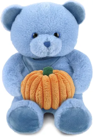 DolliBu Super Soft Baby Blue Bear Stuffed Animal with Pumpkin Plush Decor - Blue Bear Pumpkin Plush Animal for Fall, Halloween and Thanksgiving, Pumpkin Plush Toy for Baby, Kids, Adults - 8 Inches