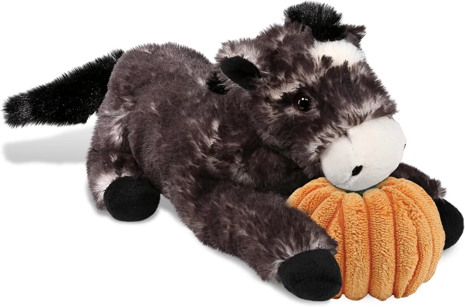 DolliBu Super Soft Lying Wild Black Horse Stuffed Animal with Pumpkin Decor - Pumpkin Plush Animal for Fall, Halloween and Thanksgiving, Pumpkin Toy for Baby, Kids, Adults - 10.5 Inches