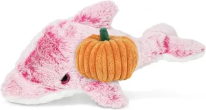 DolliBu Super Soft Pink Dolphin Stuffed Animal with Pumpkin Decor and Name Personalization - Plush Animal for Fall, Halloween and Thanksgiving for Baby, Kids, Adults - 14 Inches