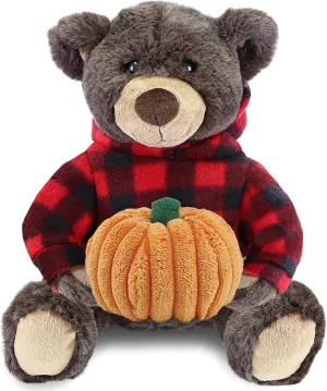 DolliBu Super Soft Plush Brown Bear with Red Plaid Hoodie Stuffed Animal with Pumpkin Decor - Pumpkin Plush Animal for Fall, Halloween and Thanksgiving, Pumpkin Toy for Baby, Kids, Adults - 10 Inches