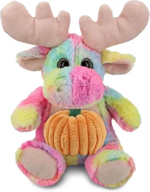 DolliBu Super Soft Plush Rainbow Moose Stuffed Animal with Pumpkin Decor - Pumpkin Plush Animal for Fall, Halloween and Thanksgiving, Pumpkin Toy for Baby, Kids, Adults - 9 Inches