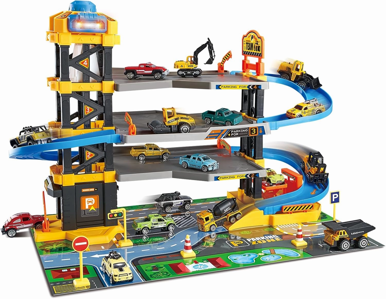 Dollox Parking Garage Toy Playset, Race Car Ramp Track Toys Sets Garage Playset with 6 Little Alloy Construction Cars Adventure Track