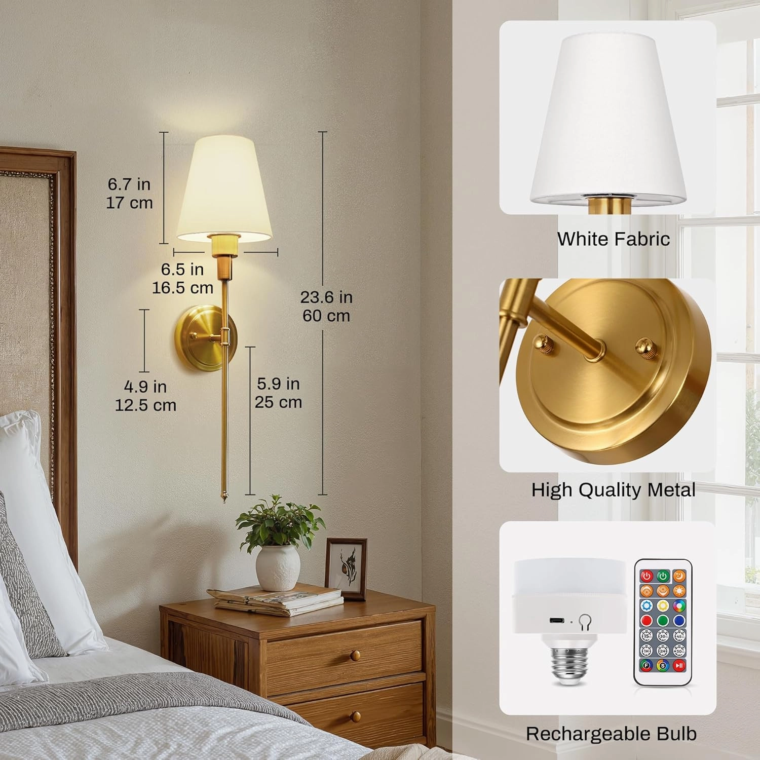 DORESshop Battery Operated Wall Sconce Set of 2, Wall Light Wireless Easy to Install Remote Control, Dimmable and Adjustable Sconces Wall Decor, Rechargeable Wall Lamp for Bedroom, Living Room, Gold