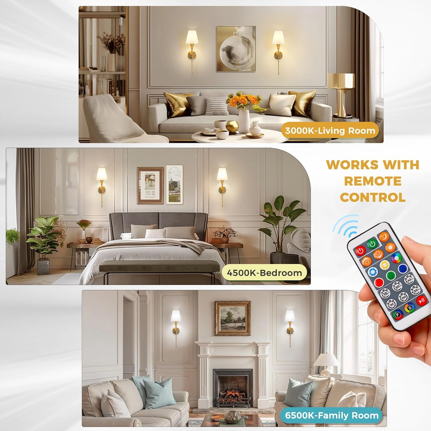 DORESshop Battery Operated Wall Sconce Set of 2, Wall Light Wireless Easy to Install Remote Control, Dimmable and Adjustable Sconces Wall Decor, Rechargeable Wall Lamp for Bedroom, Living Room, Gold