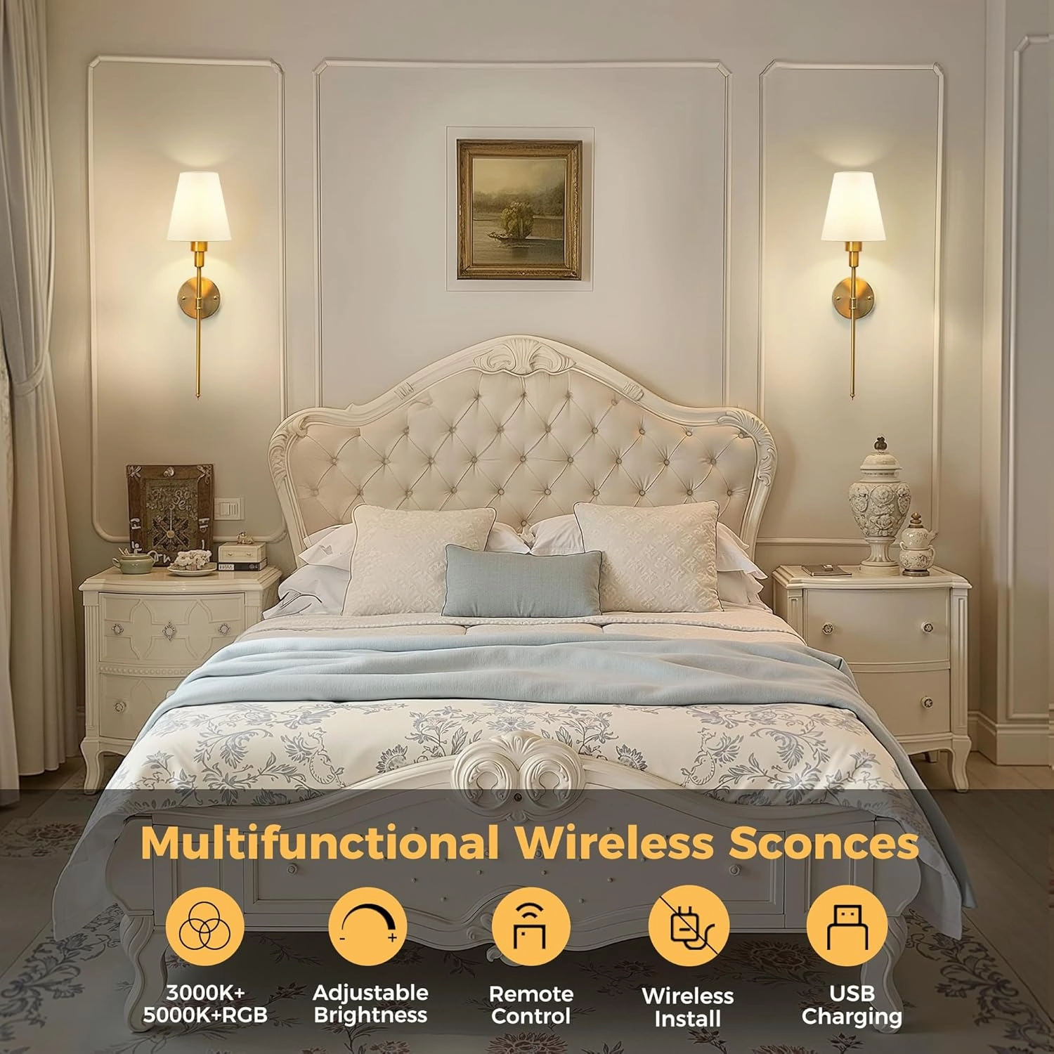 DORESshop Battery Operated Wall Sconce Set of 2, Wall Light Wireless Easy to Install Remote Control, Dimmable and Adjustable Sconces Wall Decor, Rechargeable Wall Lamp for Bedroom, Living Room, Gold