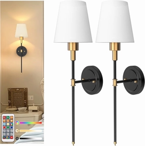 DORESshop Battery Operated Wall Sconce Set of 2, Wireless Wall Light Easy to Install, 7 Color Rechargeable Wall Sconces, Sconce Wall Decor Set of 2 for Bedroom, Living Room, Gold and Black, 24.6in