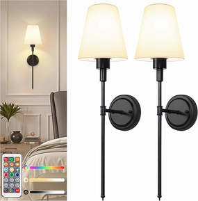DORESshop Battery Operated Wall Sconce Set of Two, Balck Wall Sconces with Dimmable and Adjustable Bulb, Remote Control, Easy to Install Not Wires, Wall Light for Bedroom, Livingroom