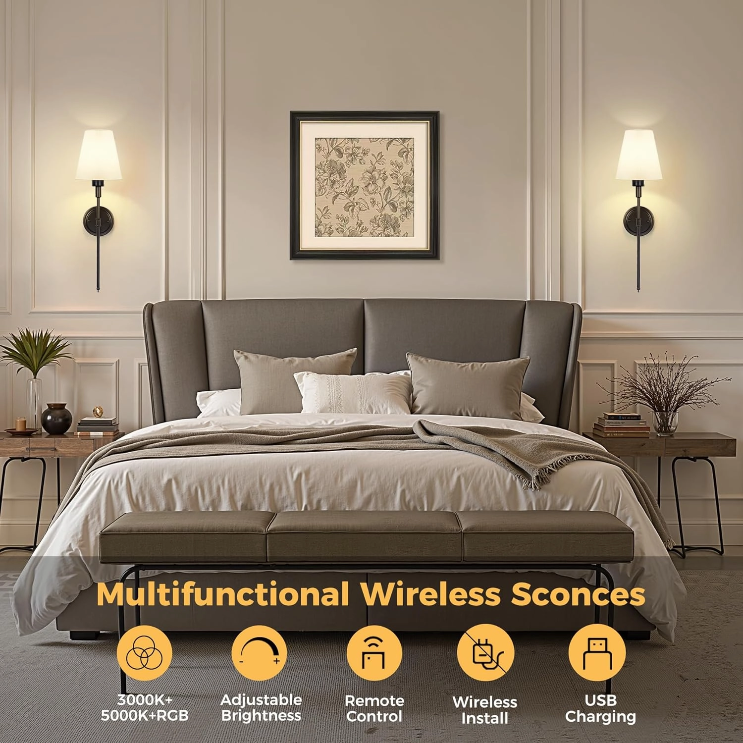 DORESshop Battery Operated Wall Sconce Set of Two, Balck Wall Sconces with Dimmable and Adjustable Bulb, Remote Control, Easy to Install Not Wires, Wall Light for Bedroom, Livingroom