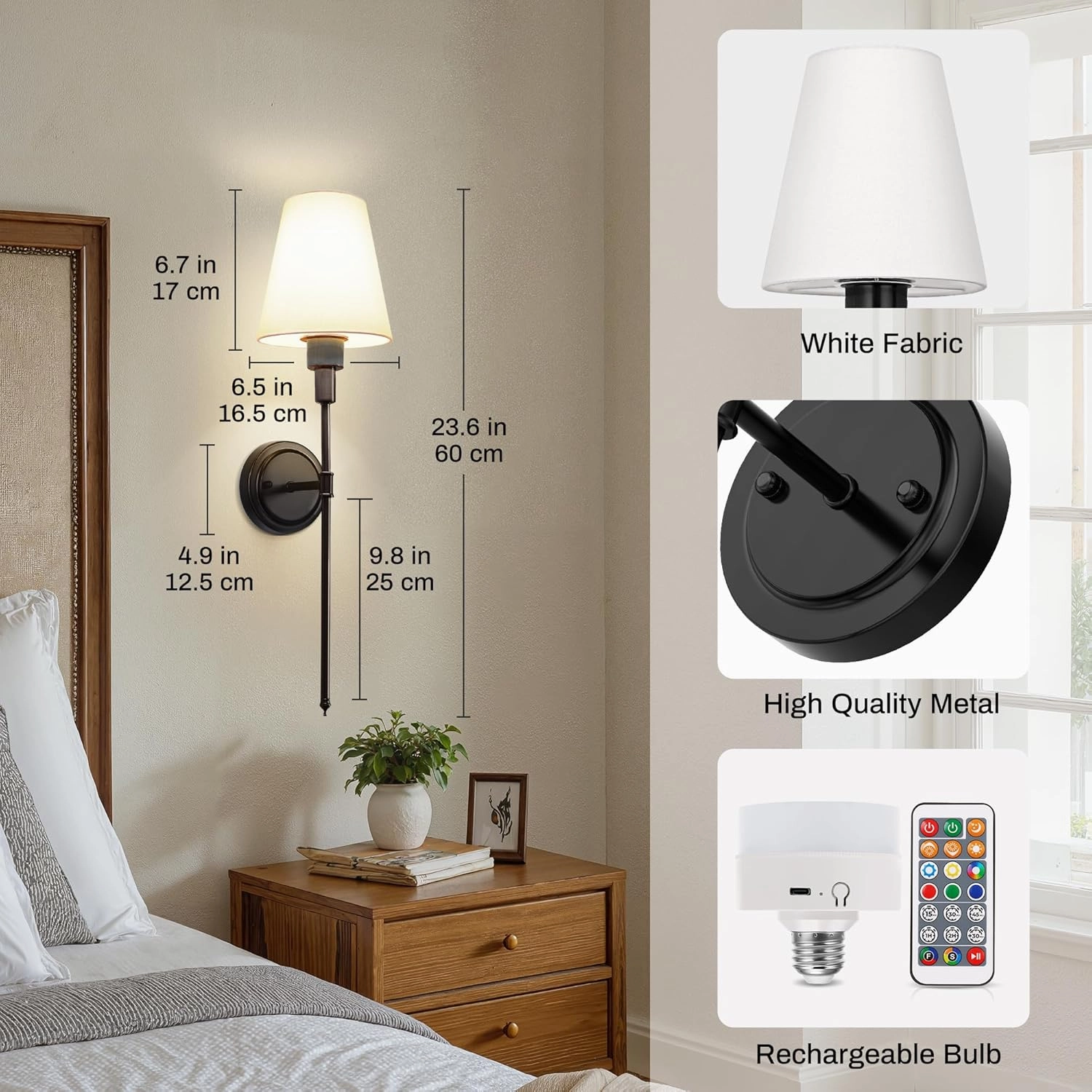 DORESshop Battery Operated Wall Sconce Set of Two, Balck Wall Sconces with Dimmable and Adjustable Bulb, Remote Control, Easy to Install Not Wires, Wall Light for Bedroom, Livingroom