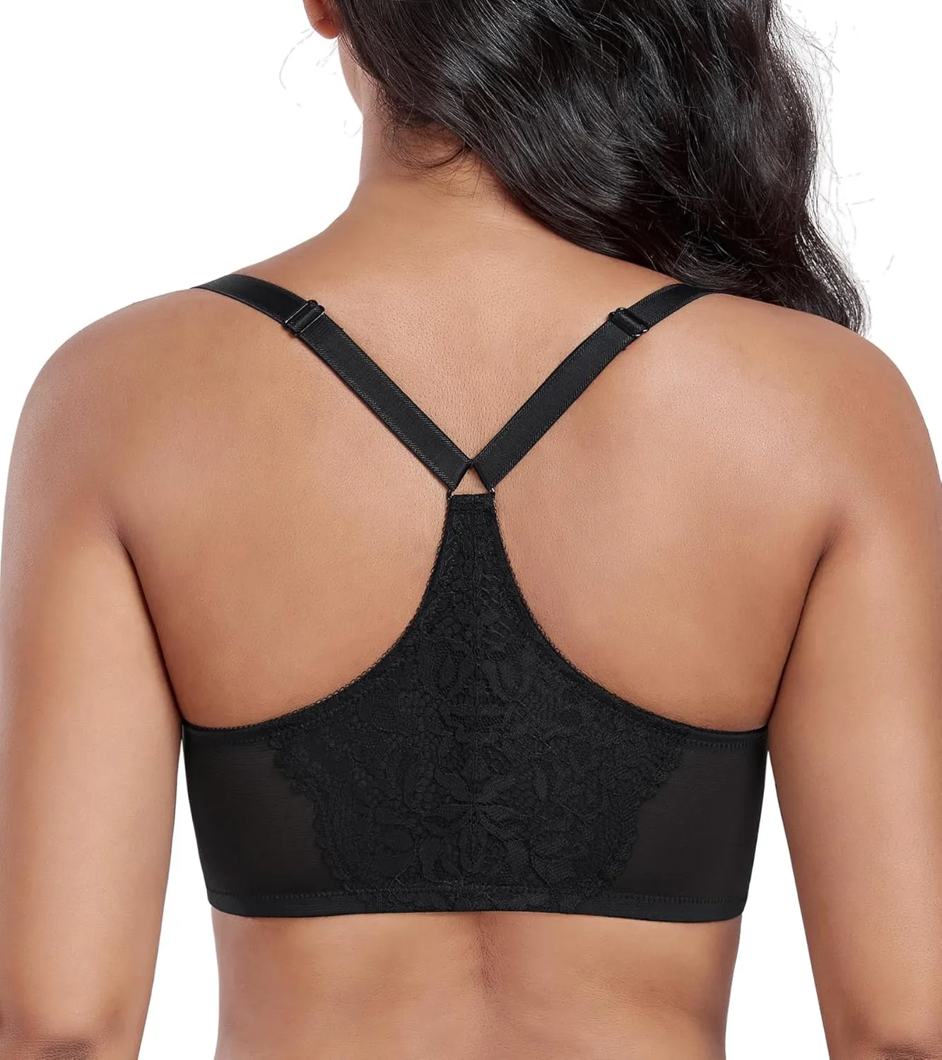 DotVol Women's Plus Size Flower Lace Front Closure T-Back Underwire Everyday Bra