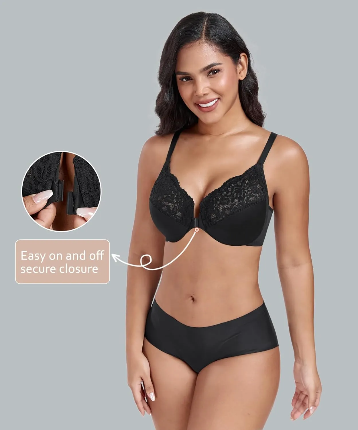 DotVol Women's Plus Size Flower Lace Front Closure T-Back Underwire Everyday Bra