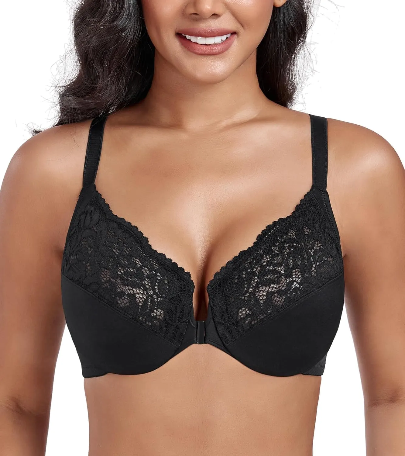 DotVol Women's Plus Size Flower Lace Front Closure T-Back Underwire Everyday Bra