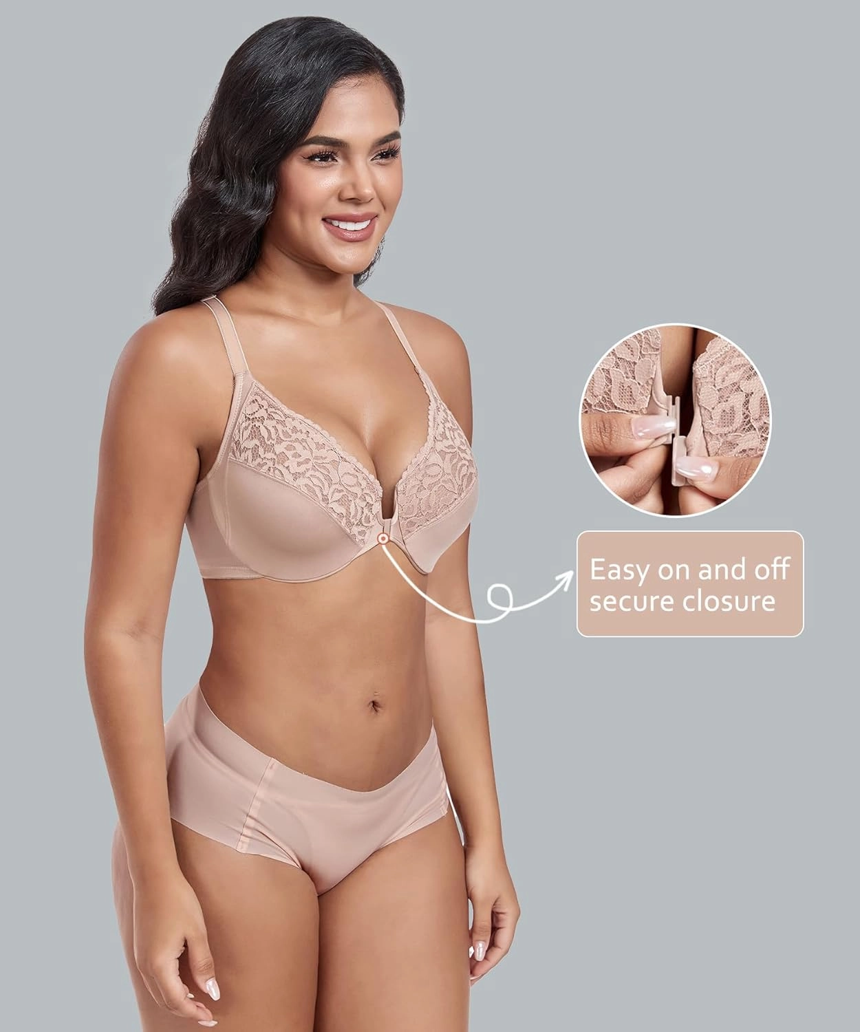 DotVol Women's Plus Size Flower Lace Front Closure T-Back Underwire Everyday Bra
