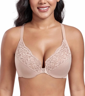 DotVol Women's Plus Size Flower Lace Front Closure T-Back Underwire Everyday Bra