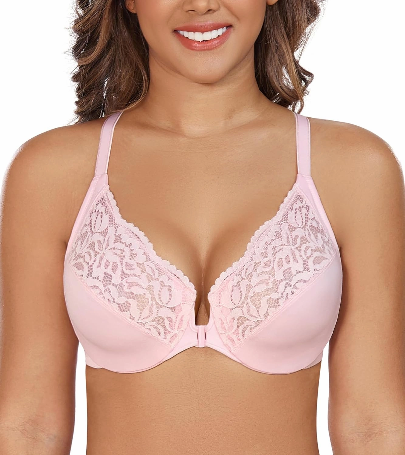 DotVol Women's Plus Size Flower Lace Front Closure T-Back Underwire Everyday Bra