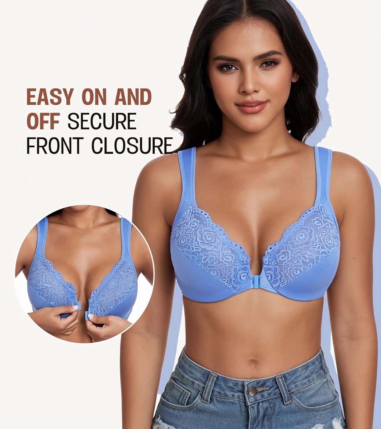 DotVol Women's Plus Size Front Closure U-Back Underwire Wide Strap Everyday Bra