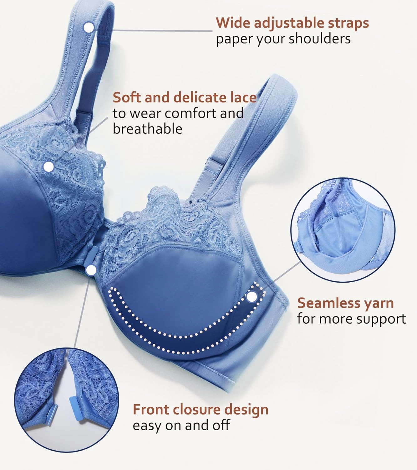 DotVol Women's Plus Size Front Closure U-Back Underwire Wide Strap Everyday Bra