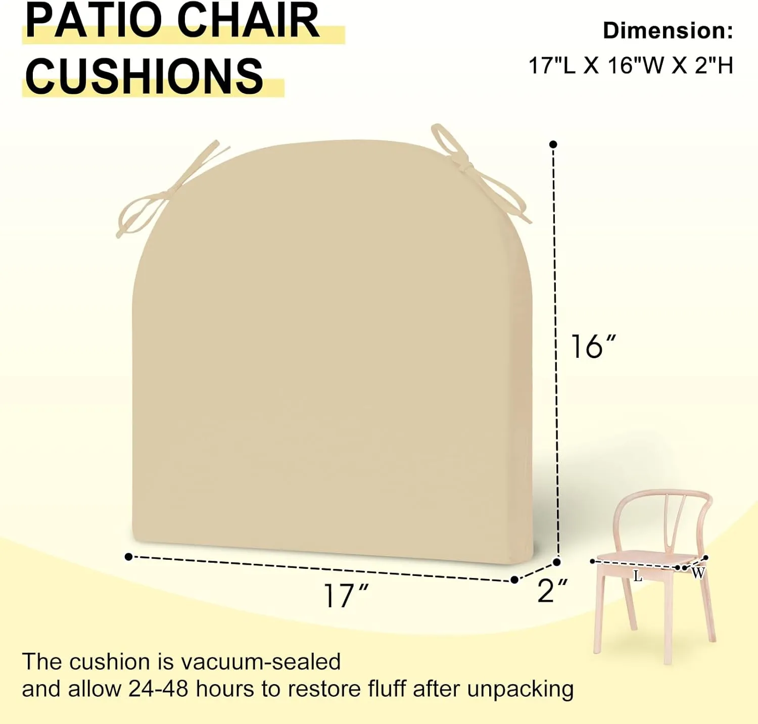 downluxe Outdoor Chair Cushions Set of 4 for Patio Furniture, Water-Resistant Patio Chair Cushions with Ties, High Density Foam Outdoor Seat Cushion, 17" X 16" X 2", Beige