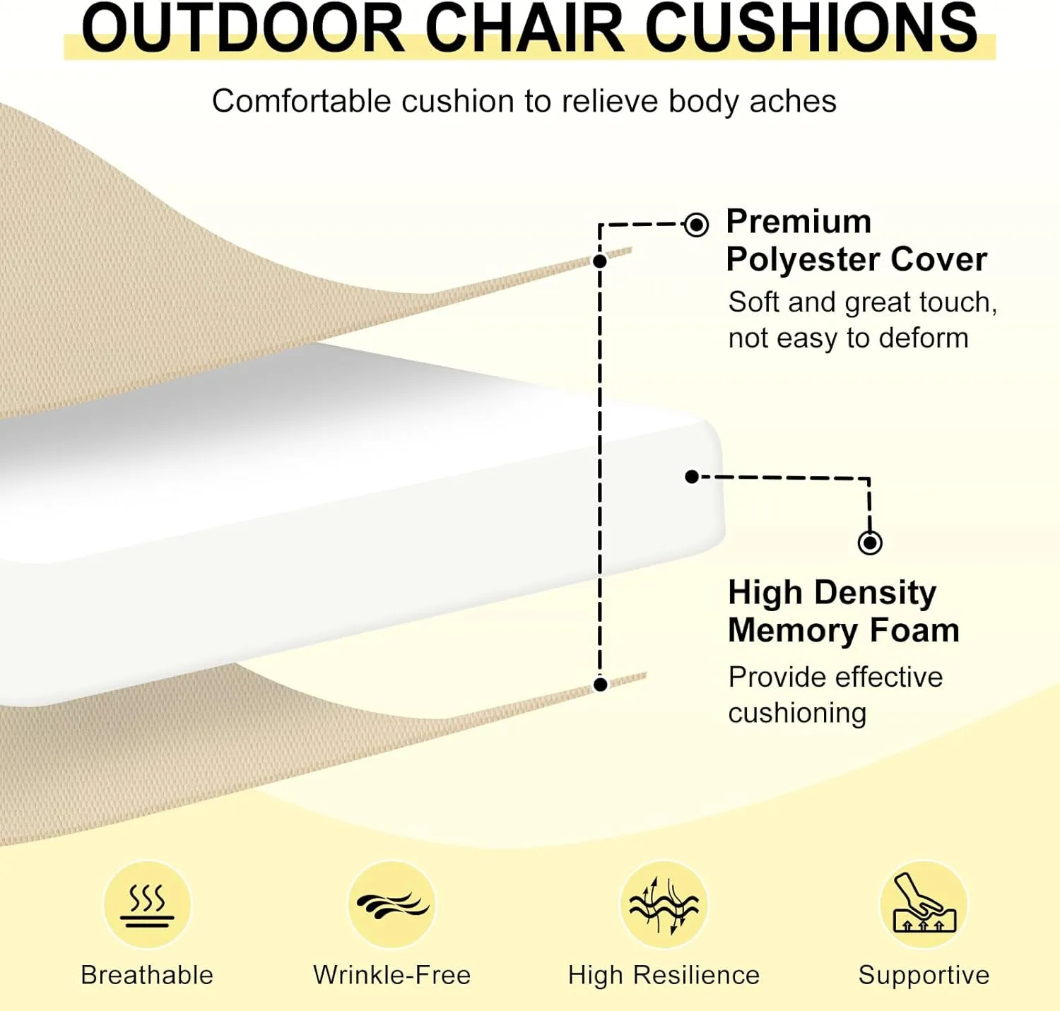 downluxe Outdoor Chair Cushions Set of 4 for Patio Furniture, Water-Resistant Patio Chair Cushions with Ties, High Density Foam Outdoor Seat Cushion, 17" X 16" X 2", Beige