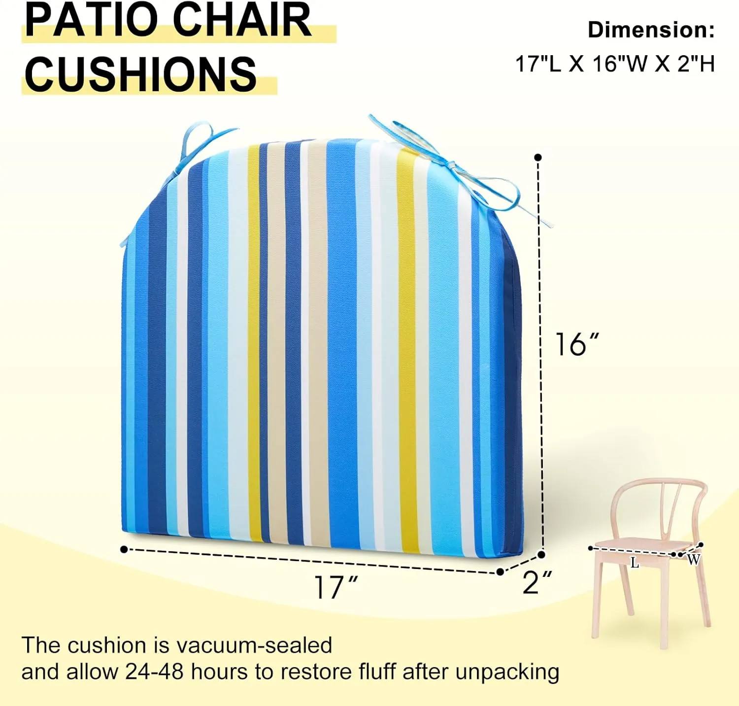 downluxe Outdoor Chair Cushions Set of 4 for Patio Furniture, Water-Resistant Patio Chair Cushions with Ties, High Density Foam Outdoor Seat Cushion, 17" X 16" X 2", Blue Stripes
