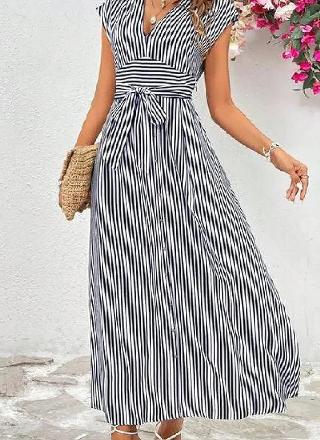 Dresses for Women Summer Classy Navy Striped V-Neck Short Sleeve Tied Waist Maxi Dress Fashion Going Out Flowy Outfits