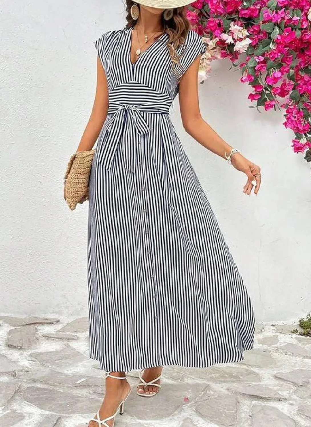 Dresses for Women Summer Classy Navy Striped V-Neck Short Sleeve Tied Waist Maxi Dress Fashion Going Out Flowy Outfits