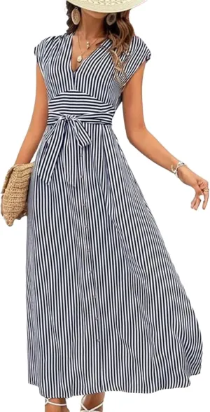 Dresses for Women Summer Classy Navy Striped V-Neck Short Sleeve Tied Waist Maxi Dress Fashion Going Out Flowy Outfits