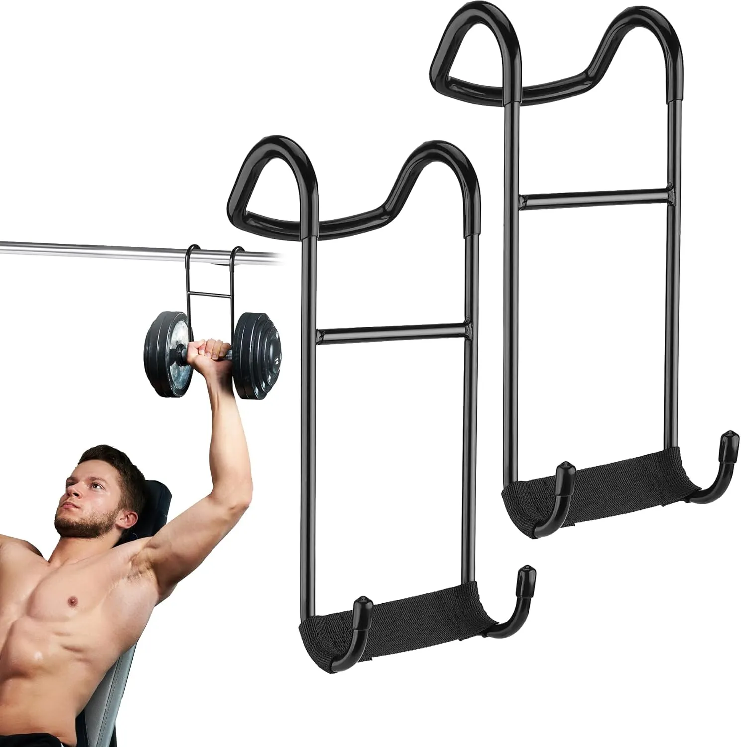 Dumbbell Spotter Hooks, 2-Pack Upgraded 250 lbs Heavy Duty Rack Attachments for Bench Press, Chest & Shoulder Workouts, Safety Hangers with Wrist Straps